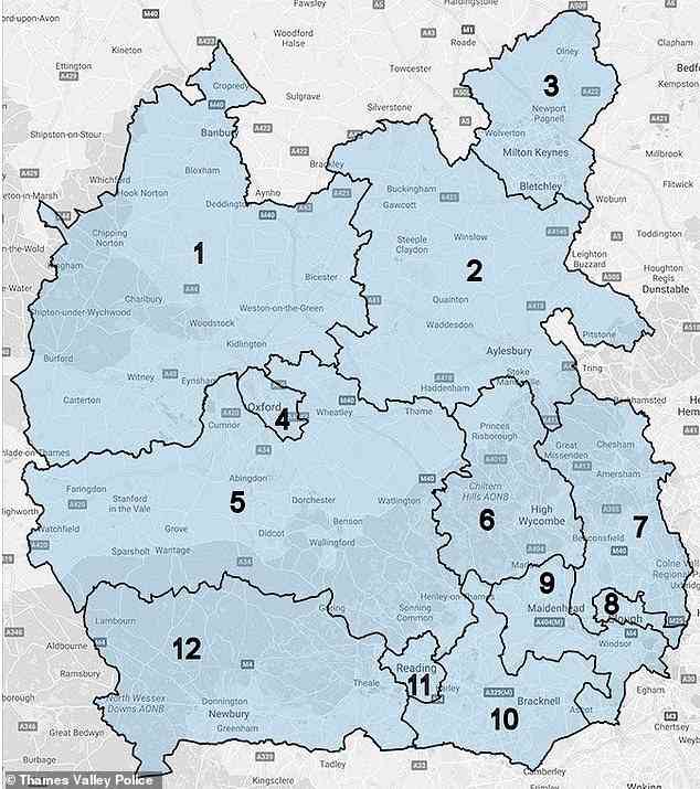 In der Studie untersuchte das Team anonymisierte Aufzeichnungen der Polizei von Thames Valley von 2000 bis 2016 bei einer Bevölkerung von etwas mehr als zwei Millionen.  Im Bild die Einzugsgebiete - 1. Cherwell und West Oxfordshire, 2. Aylesbury Vale, 3. Milton Keynes, 4. Oxford, 5. South Oxfordshire und Vale of White Horse, 6. Wycombe, 7. Chiltern und South Buckinghamshire, 8. Slough, 9. Windsor und Maidenhead, 10. Bracknell und Wokingham, 11. Reading, 12. West Berkshire