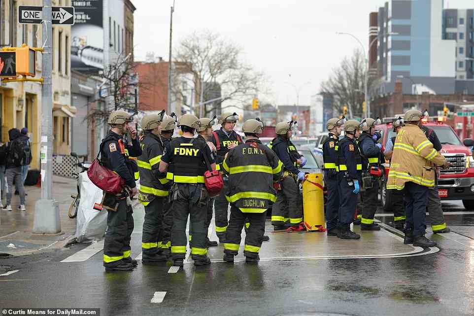 FDNY units at the scene on Tuesday morning after a gunman opened fire on a southbound R train that pulled into 36th Street at around 8.30am
