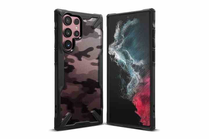 Ringke Fusion X Case für Samsung Galaxy S22 Ultra in Camo, mit einem transparenten Design, das die Farbe des Telefons durchscheinen lässt.