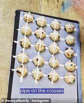 Once the buns have finished their prove, pipe the crosses, then place the buns on the middle shelf of the preheated oven and bake for 8¿12 minutes
