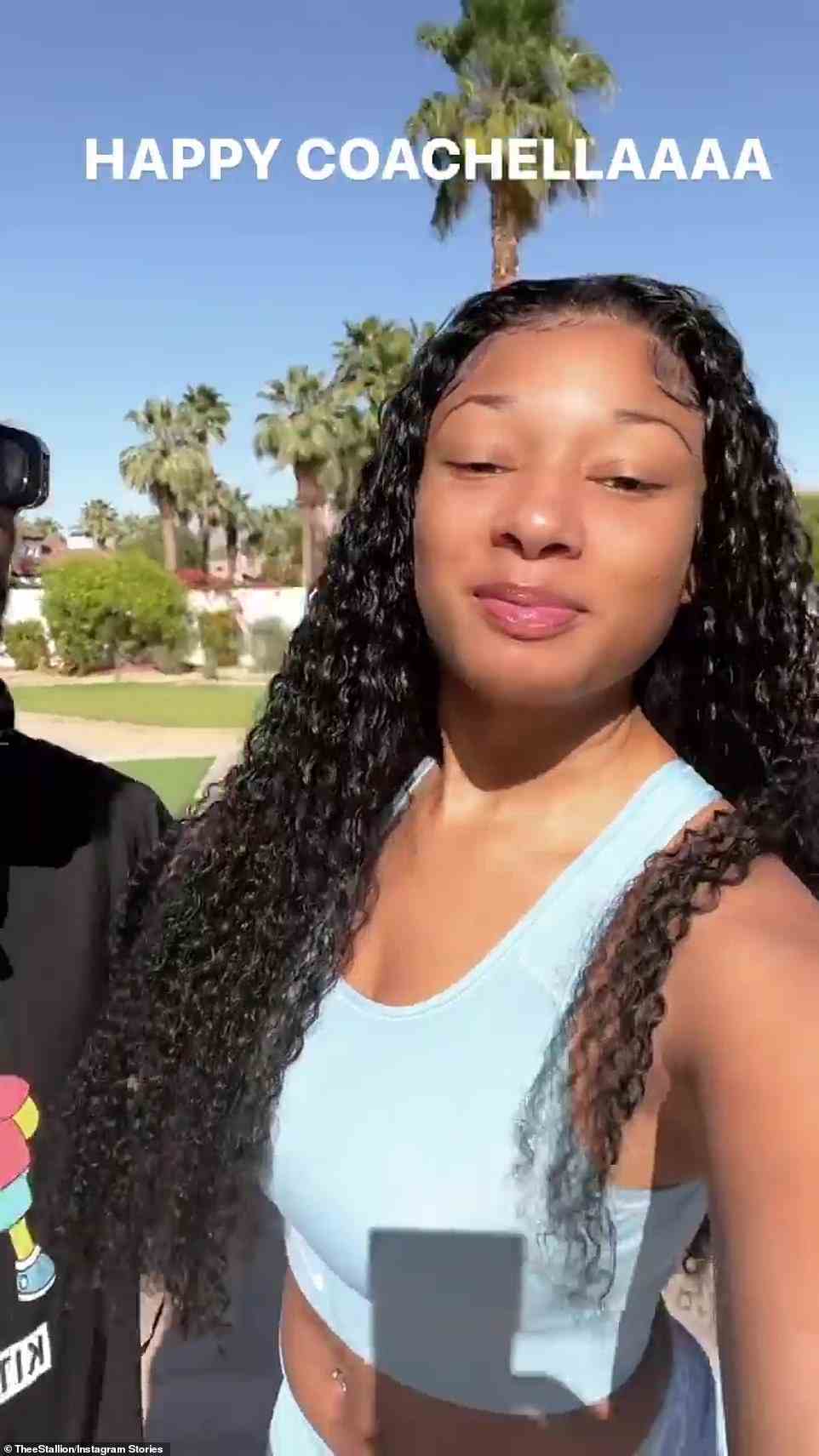 Happy for her: Megan Thee Stallion was make free in baby blue workout clothes before her Coachella performance