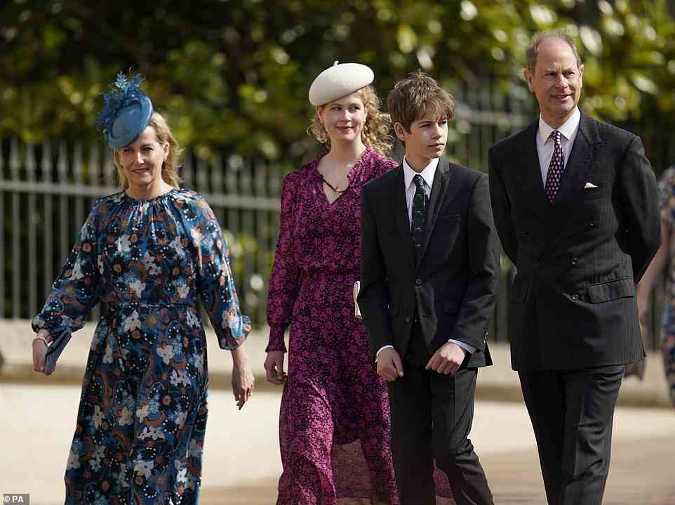 Sophie Wessex (pictured left) opted for a flamboyant print dress and a blue headpiece, as she attended with Lady Louise Mountbatten-Windsor, Viscount Severn and the Earl of Wessex