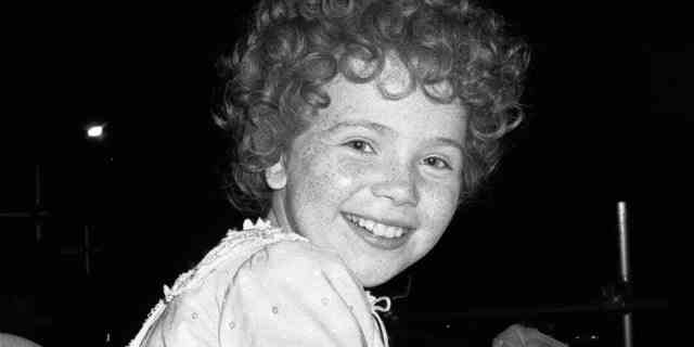 Aileen Quinn during the filming of "Annie" on location at Radio City Music Hall on May 1, 1982, in New York City.