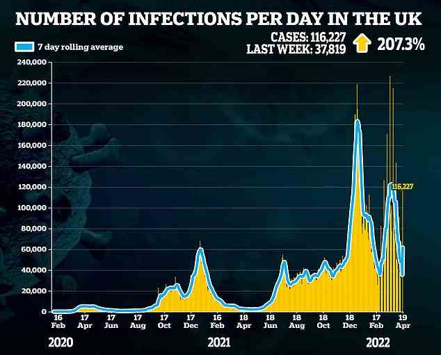 Die Chefs der UK Health Security Agency verzeichneten heute 116.227, wobei die Rekordmaut das gesamte Feiertagswochenende abdeckte.  Dies bedeutet, dass jetzt täglich rund 26.000 Briten positiv auf das Coronavirus getestet werden, was einem Rückgang von 31 Prozent gegenüber dem gleitenden Durchschnitt vom letzten Dienstag entspricht.  Die täglichen Zählungen sind heute höher als am vergangenen Dienstag, da am Feiertagswochenende keine Aufzeichnungen durchgeführt werden