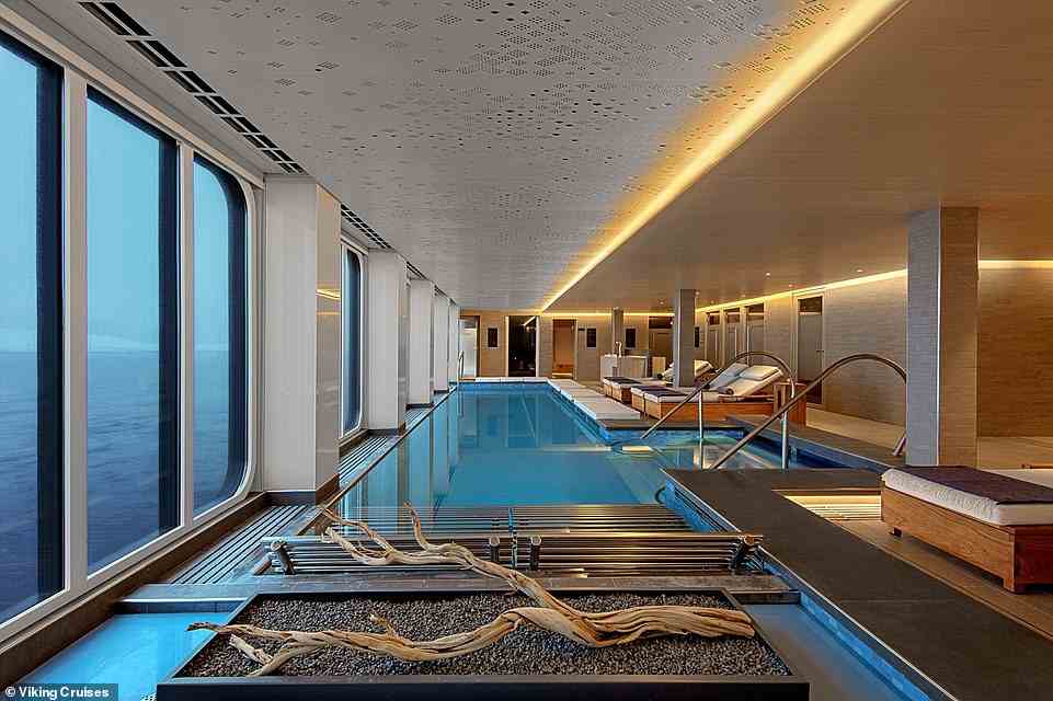 Above is the heated pool at the Viking Octantis's Nordic spa. The ship offers learning opportunities as well as top-class dining and home-from-home Scandi-style lounges and bars
