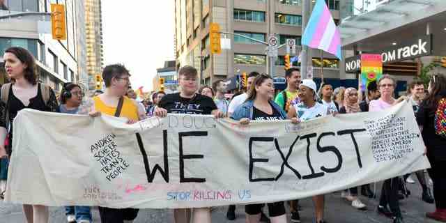 Zuschauer zeigen ihre Unterstützung für Transgender und nicht-binäre Menschen während eines Trans-Marsches in Toronto, Ontario, am 21. Juni 2019.
