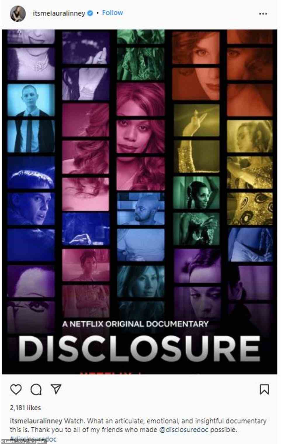 'What an articulate, emotional, and insightful documentary!' The 58-year-old native New Yorker has never worked with the Alabama-born 49-year-old, but she did post in 2020 about how much she enjoyed the Netflix documentary Disclosure that Laverne produced