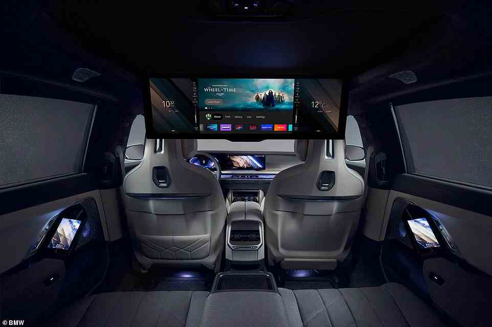 Buyers can choose this optional 31.3-inch 8K 'BMW Theatre Screen' that drops down from the car's ceiling, and runs on Amazon Fire tablet software