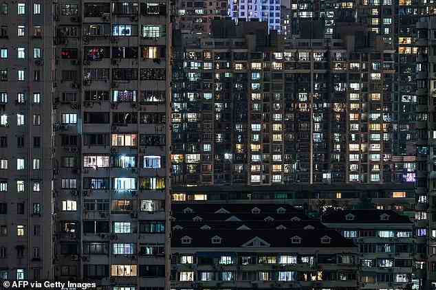 View of residential units during a Covid-19 coronavirus lockdown in the Jing'an district of Shanghai on April 21, 2022