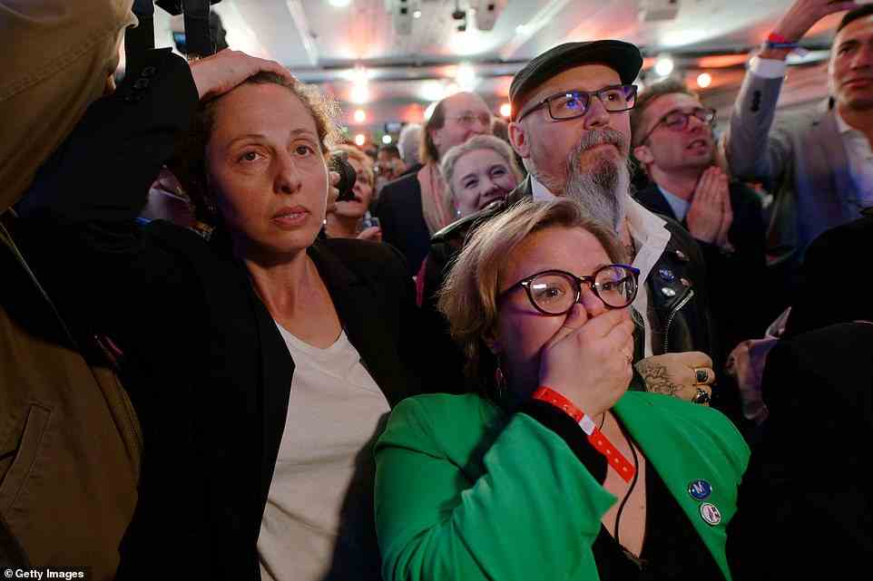 Unterstützer von Marine Le Pen reagieren, da prognostiziert wird, dass Frankreichs zentristischer amtierender Präsident Emmanuel Macron seinen rechtsextremen Rivalen geschlagen hat