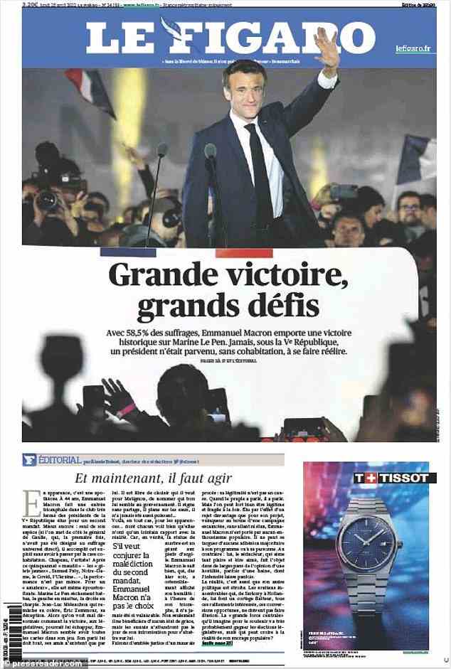 Die konservative Tageszeitung Le Figaro brachte eine Titelseite mit der Überschrift „Großer Sieg, große Herausforderungen“, sagte nach all den Herausforderungen seiner ersten Amtszeit, Macrons Sieg sei „keine leichte Leistung“, fragte aber auch: „Wer kann das nur glauben in der Unterstützung der Bevölkerung verwurzelt?'