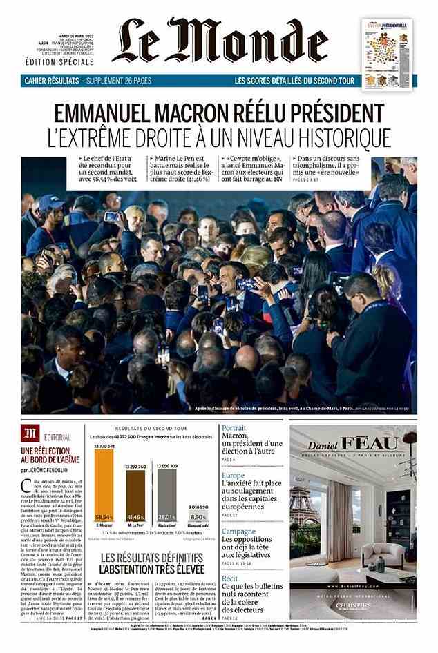Die französische Tageszeitung Le Monde brachte auf ihrer Titelseite die Schlagzeile: Emmanuel Macron wiedergewählter Präsident – ​​Die extreme Rechte auf historischem Niveau