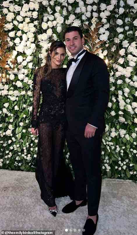 Guests were invited to pose in front of a large flower wall at the ceremony, with Paige, 29, and her boyfriend and fellow Bravo star Craig Conover taking full advantage as did Emily and Sami Saifan (pictured)