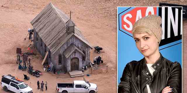 This aerial photo shows the Bonanza Creek Ranch in Santa Fe, N.M., Saturday, Oct. 23, 2021. Actor Alec Baldwin fired a prop gun on the set of a Western being filmed at the ranch on Thursday, Oct. 21, killing the cinematographer, officials said. Inset: Halyna Hutchins attends the SAGindie Sundance Filmmakers Reception at Cafe Terigo on January 28, 2019 in Park City, Utah.