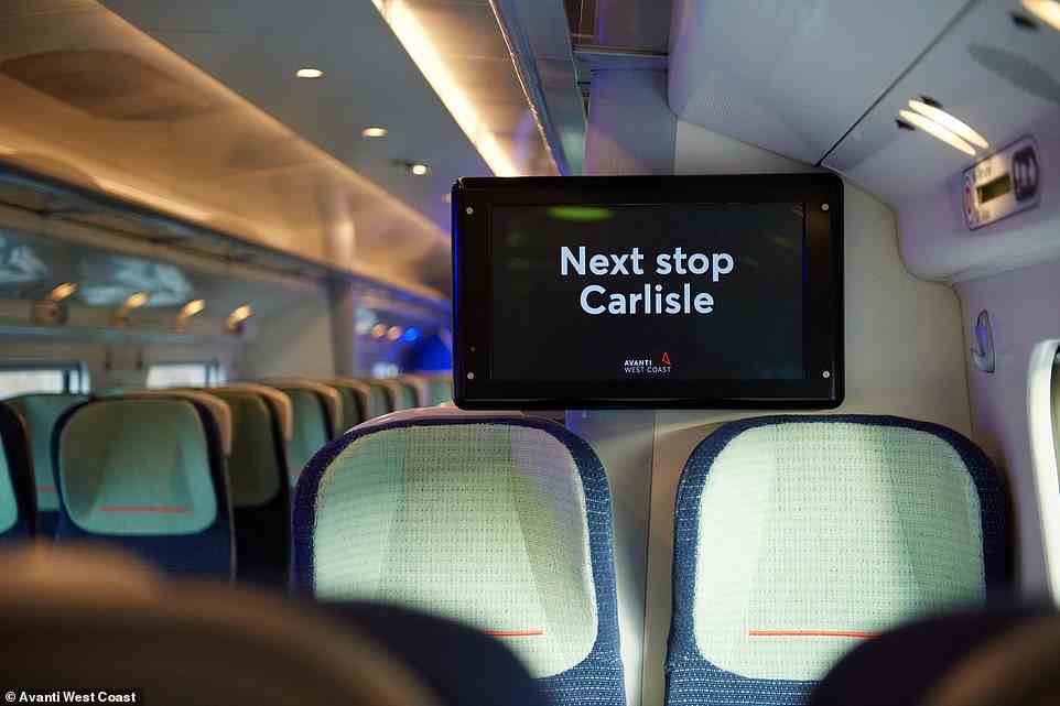 Informationsbildschirme in den neu renovierten Pendolino-Zügen, die Passagiere zwischen London und Glasgow befördern werden