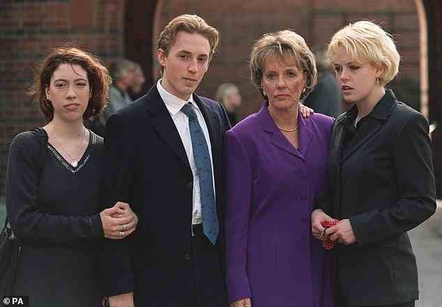 Rebecca Wilxcox (far right) aged 20 attends the funeral of her father, Desmond Wilcox, along with her mother Esther Rantzen (centre right) and sister Emily, aged 22, and brother Joshua, aged 19, in September 2000