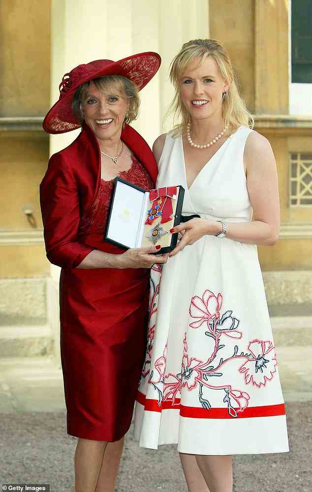 Esther Rantzen with her daughter Rebecca Wilcox after she made a Dame by the Princess Royal at an investiture ceremony at Buckingham Palace on June 25, 2015 in London