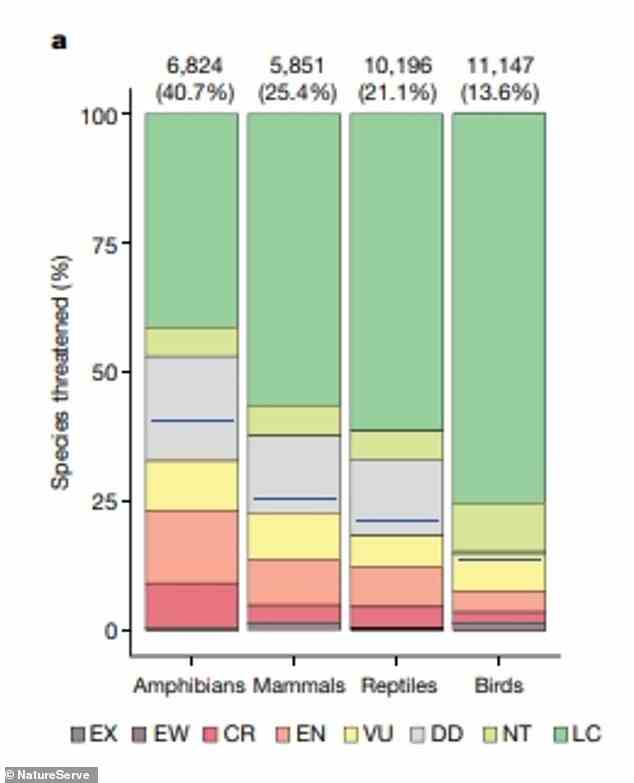 Die Experten sagten, dass umfassende Bewertungen des Aussterberisikos für Vögel, Säugetiere und Amphibien verfügbar sind, aber für Reptilien fehlten.  Die obige Grafik zeigt die Arten, die ausgestorben (EX), in freier Wildbahn ausgestorben (EW), vom Aussterben bedroht (CR), gefährdet (EN), gefährdet (VU), Datenmangel (DD), fast bedroht (NT) und am wenigsten sind Sorge (LC)