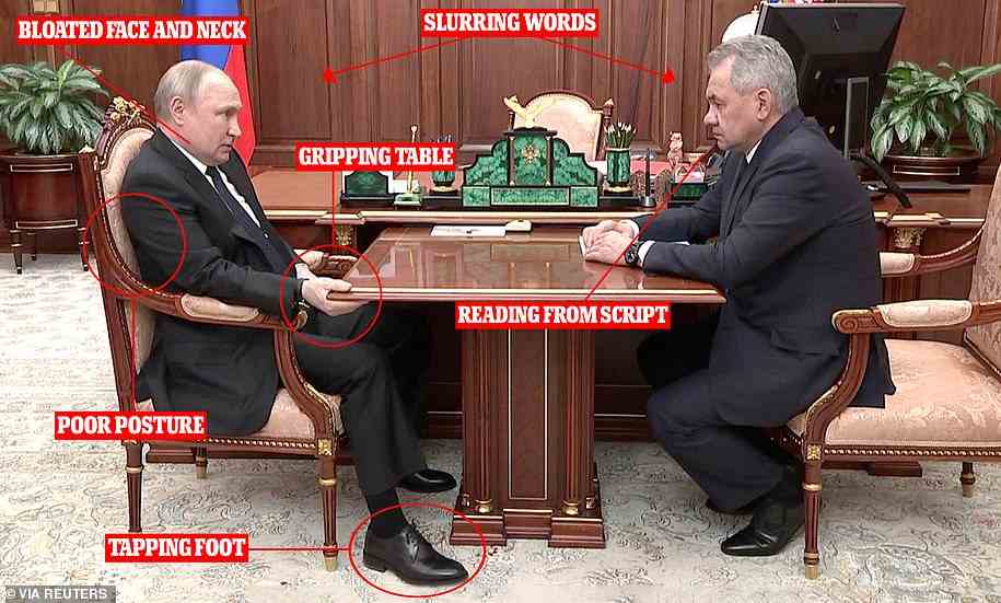 A bloated Vladimir Putin was also seen gripping a table whilst slouching in his chair during a televised meeting with his defence minister Sergei Shoigu amid rumours the Russian strongman is battling cancer. Shoigu did not appear to have fared any better, with the defence minister slurring his words and reading from his notes following an apparent heart attack