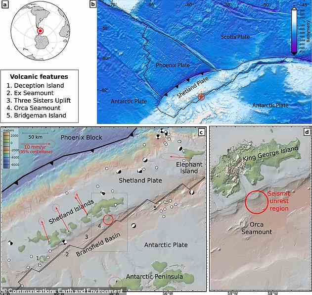 Orca Seamount ist ein großer unterseeischer Schildvulkan mit einer Höhe von etwa 900 Metern (fast 3.000 Fuß) über dem Meeresboden und einem Basisdurchmesser von etwa 6,8 Meilen (11 km).  Es liegt in der Bransfield Strait, einem Meereskanal zwischen der Antarktischen Halbinsel und den Südshetlandinseln, südwestlich der Südspitze Argentiniens