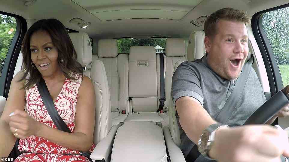 Big star: Michelle joined James for a Beyonce-inspired joyride to become the latest celebrity to take part in his recurring and hugely popular Carpool Karaoke series