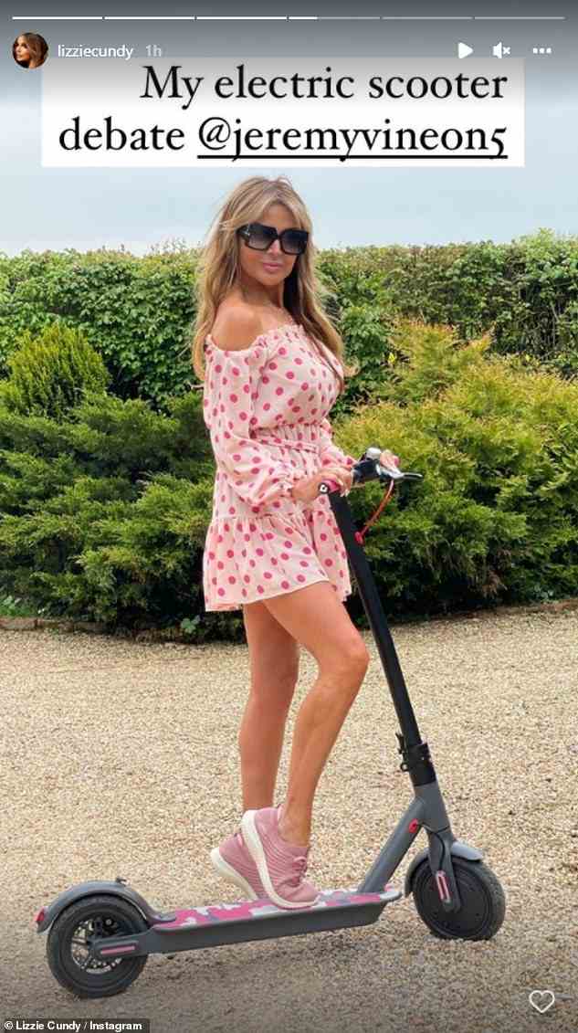 Fun! The mother-of-two changed into a pink polka dot playsuit and was all smiles as she zoomed around on the scooter on the Jeremy Vine show