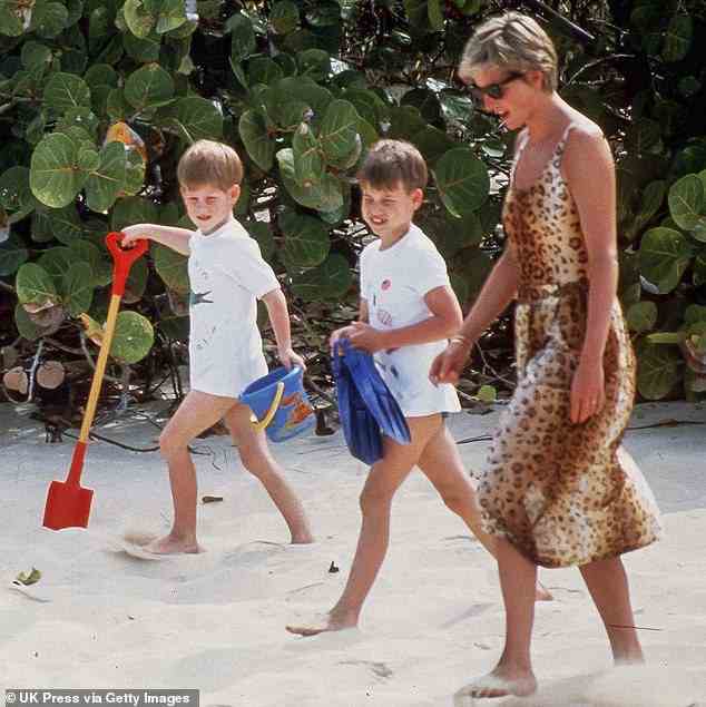 Diana wurde während der Reise zu den Britischen Jungferninseln im April 1990 in einem auffälligen Badeanzug abgebildet.  Sie geht mit Harry, 5 (links) und William, 7 (Mitte) an einem Privatstrand auf Necker Island entlang