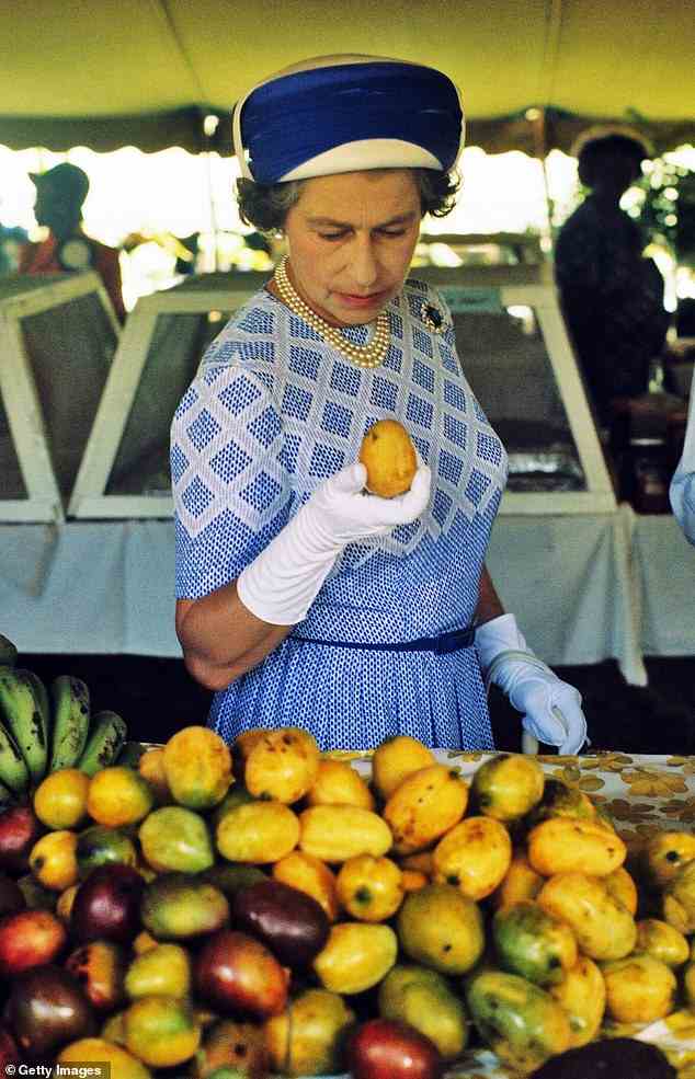 Die Königin hält während ihres Silberjubiläumsbesuchs auf den Jungferninseln im Oktober 1977 eine Mango in der Hand