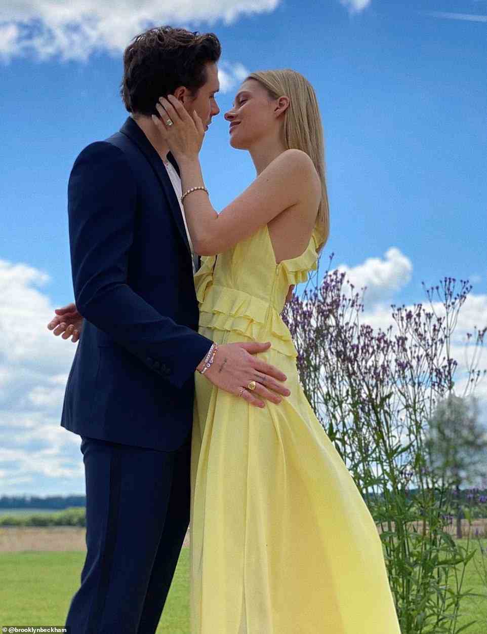 Congratulations: Brooklyn Beckham and Nicola Peltz (pictured after getting engaged) have tied the knot in a stunning early-evening ceremony beside the ocean surrounded by celebrities including tennis legend Serena Williams