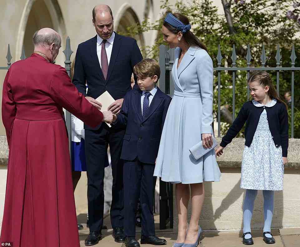 C'mon mum! Princess Charlotte, six, appeared a little impatient at the rest of her family's leisurely departure from St George's Chapel this morning following the Easter Mattins service at Windsor Castle