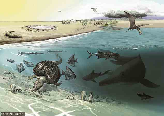 Künstlerische Darstellung des Lebensraums und der Tiere, die zusammen mit den Riesen-Ichthyosauriern vor etwa 205 Millionen Jahren gefunden wurden