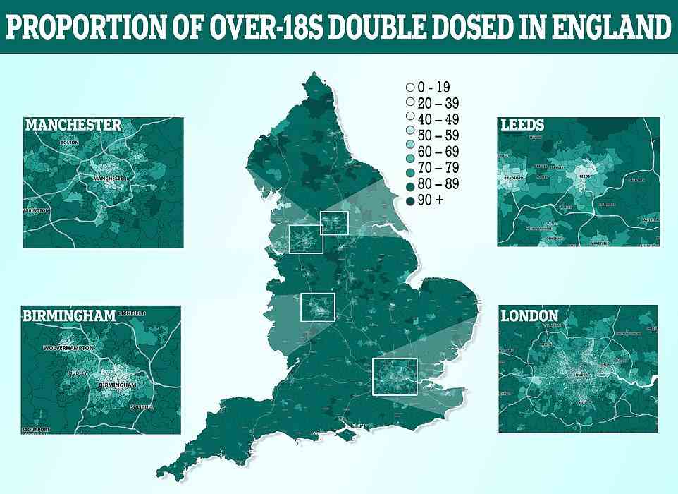 UKHSA-Chefs unterteilen die Impfstatistiken in mehrere geografische Regionen, darunter eine, die als Super-Output-Gebiete der mittleren Schicht bekannt ist.  In MSOAs leben jeweils rund 8.000 Menschen.  Harehills South (in der Karte oben rechts dargestellt) hat die niedrigste First-Jab-Aufnahmerate (38,5 Prozent), gefolgt von der Waterloo Road in Wolverhampton (Karte unten links, 44,4 Prozent) und Stamford Hill North in Hackney (Karte unten rechts, 46,1 Prozent). Prozent)
