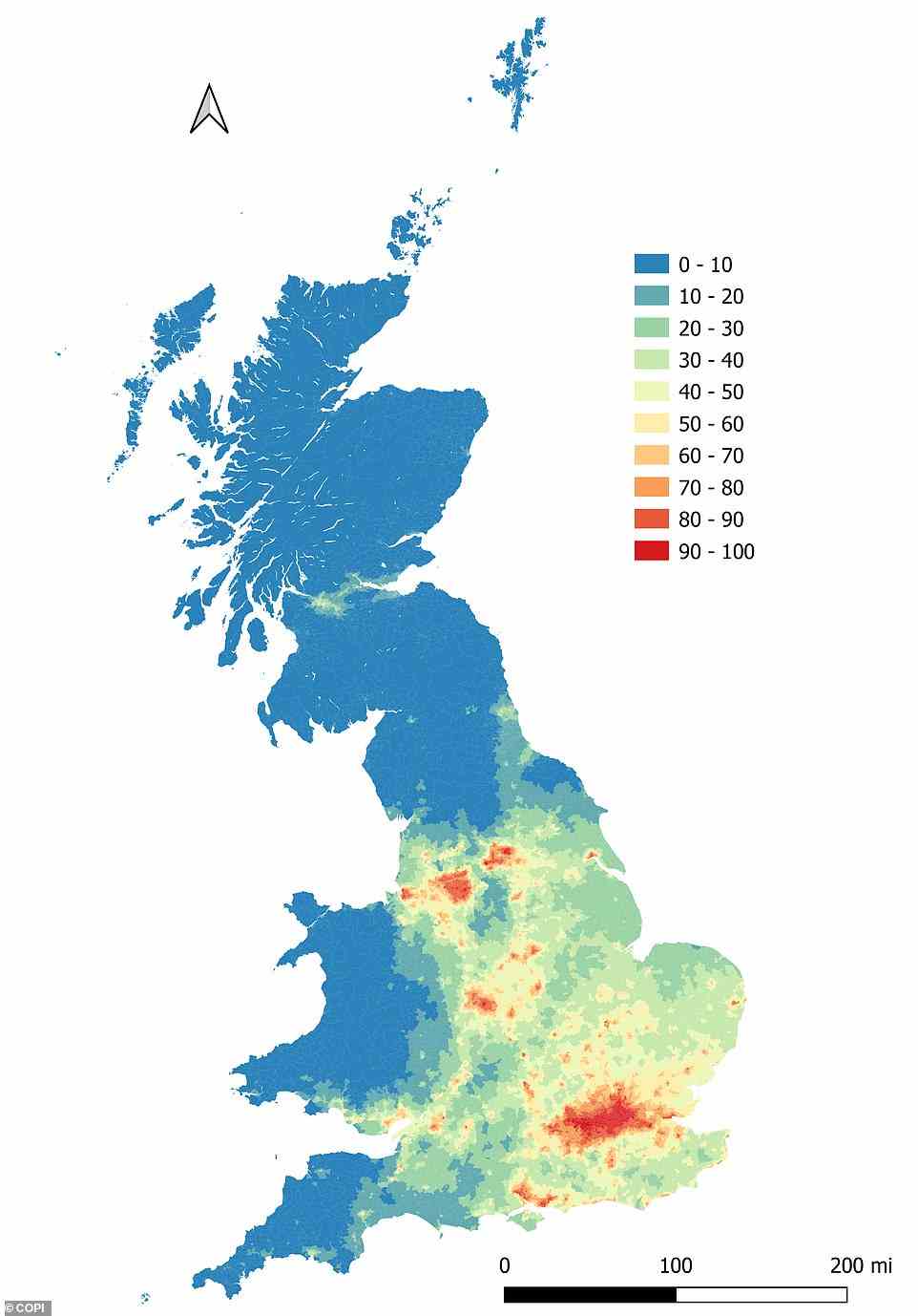 Eine Analyse des Central Office of Public Interest (COPI) hat ergeben, dass 97 Prozent der britischen Adressen jetzt mindestens einen der Grenzwerte der Weltgesundheitsorganisation für giftige Schadstoffe überschreiten.  Diese Karte zeigt das durchschnittliche Perzentil der Adressverschmutzung im Vereinigten Königreich