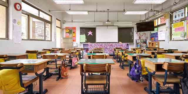 Innenraum des Klassenzimmers in der Grundschule.  Eine Reihe leerer Schreibtische befindet sich in einem beleuchteten Raum.