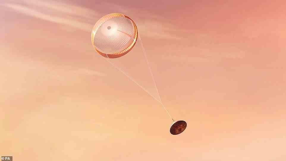Ingenuity arrived on Mars attached to the belly of Perseverance, which touched down on Mars on February 18, 2021 after a nearly seven-month journey through space (pictured in an artist's impression)