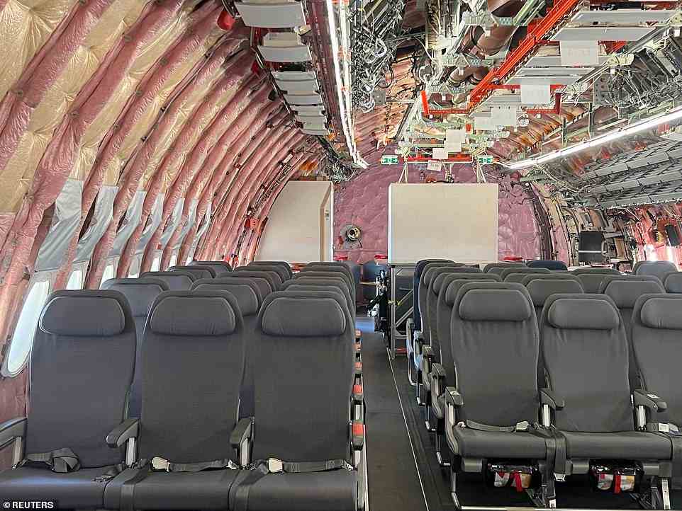 The interior of an Airbus A350-1000 test plane is seen at Sydney Airport for Qantas' announcement of an order for 12 of the planes
