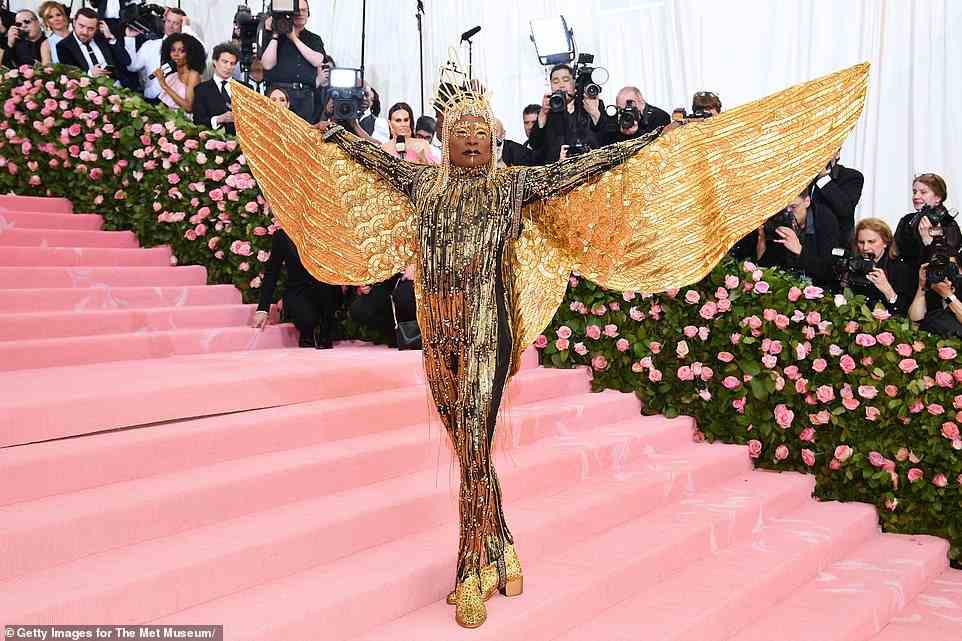 Another star to fully embrace 2019's camp theme Pose star Billy Porter went in a custom catsuit with a 10-foot wingspan, which was detailed by hand with Preciosa crystals