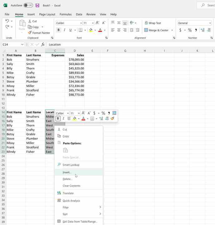Auswählen von „Einfügen“ aus dem Menü für Teilspalten in Microsoft Excel.
