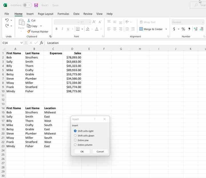 Einfügen von Teilspaltenoptionen in Microsoft Excel.