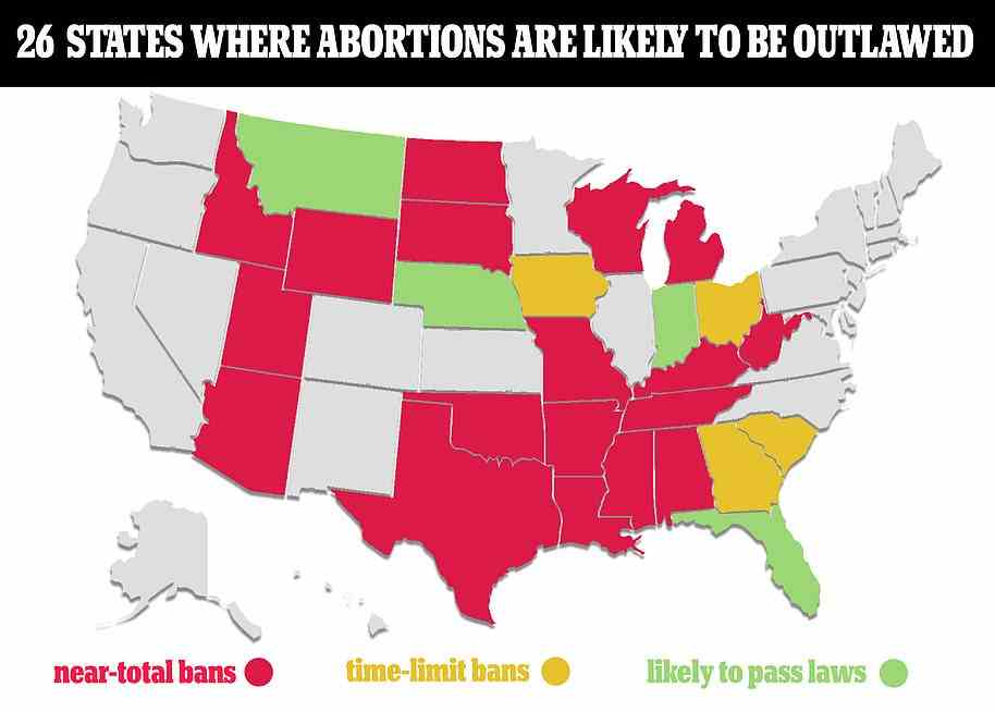 Die 26 Staaten, in denen Abtreibung wahrscheinlich illegal werden wird, wenn SCOTUS Roe vs. Wade aufhebt, nachdem ein durchgesickerter Meinungsentwurf gezeigt hat, dass eine Mehrheit der Richter den Schritt unterstützt