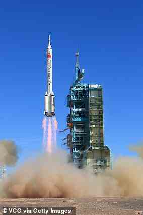 The Shenzhou-12 spacecraft is launched from the Jiuquan Satellite Launch Center on June 17, 2021 in Jiuquan, Gansu Province of China, carried on the Long March-2F rocket, to Chinese Tiangong space station