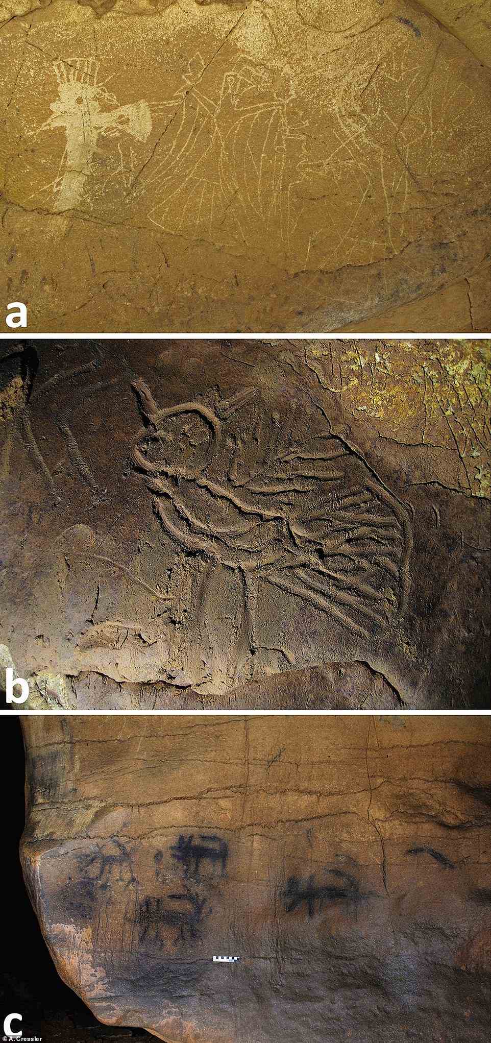 Die Höhlenkunstbilder umfassen anthropomorphe Figuren in kunstvollen Insignien und eine Schlange