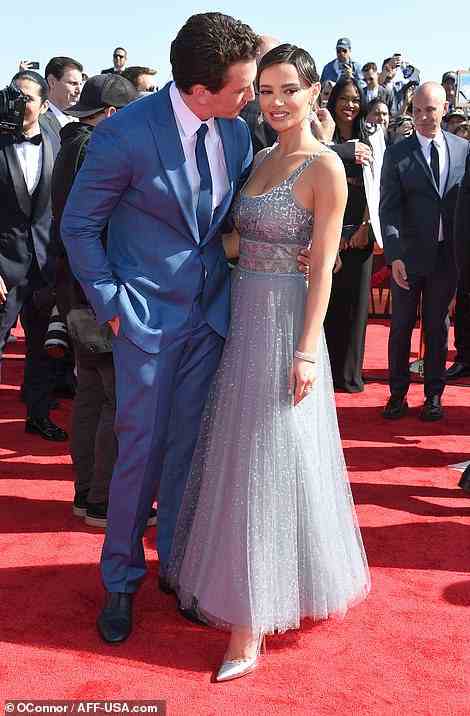 Doting husband: The actor's wife Keleigh Sperry attended with him in a sparkly silver tulle dress with matching pumps