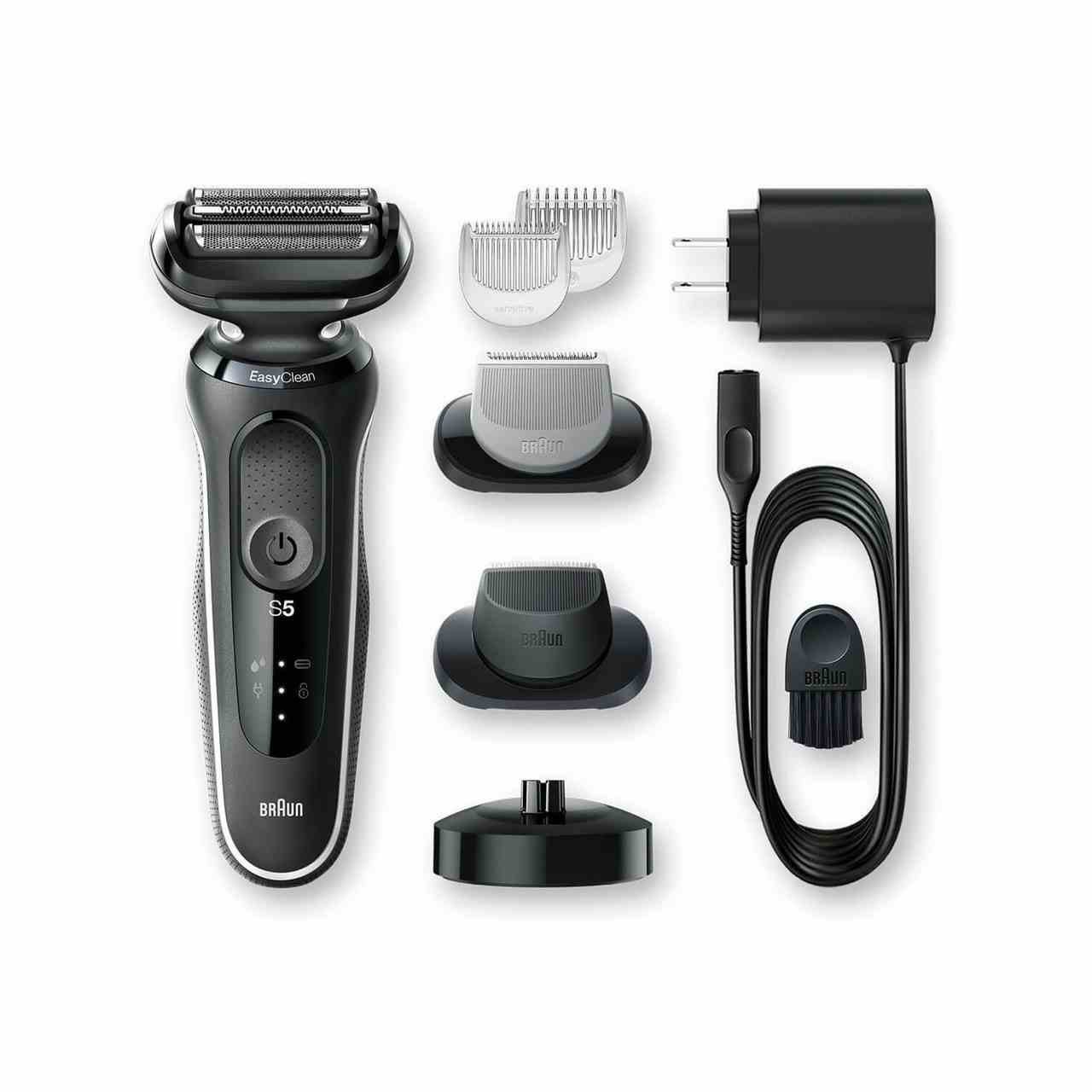 Braun Series 5 Electric Shaver schwarzer Elektrorasierer mit Stecker und alternativen Aufsätzen auf weißem Hintergrund