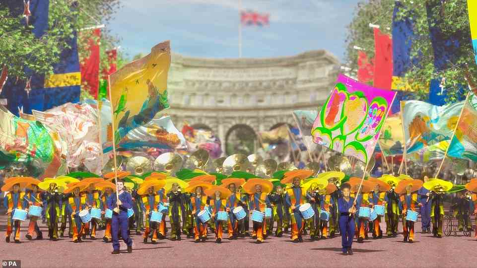 A concept image of marching bands who will make up part of the Jubilee celebration. The marching bands, a giant dragon puppet and circus acts will form part of a spectacular pageant