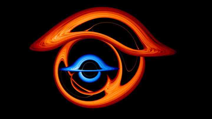 Dieses Bild zeigt die verzerrte Ansicht eines größeren supermassiven Schwarzen Lochs (rot), wenn es fast direkt hinter einem schwarzen Begleitloch (blau) mit halber Masse vorbeizieht.  Die Schwerkraft des schwarzen Lochs im Vordergrund verwandelt seinen Partner in eine surreale Ansammlung von Bögen. 