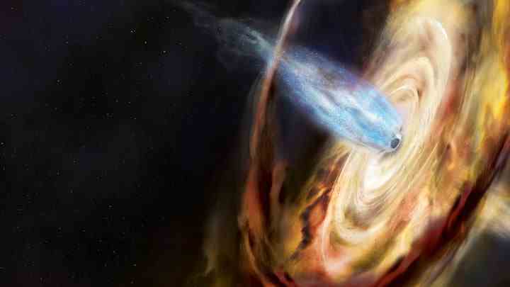 In dieser Abbildung eines Schwarzen Lochs namens MAXI J1820+070 zieht ein Schwarzes Loch Material von einem benachbarten Stern in eine Akkretionsscheibe.  Oberhalb der Scheibe befindet sich eine Region superheißer subatomarer Teilchen, die Korona genannt wird.