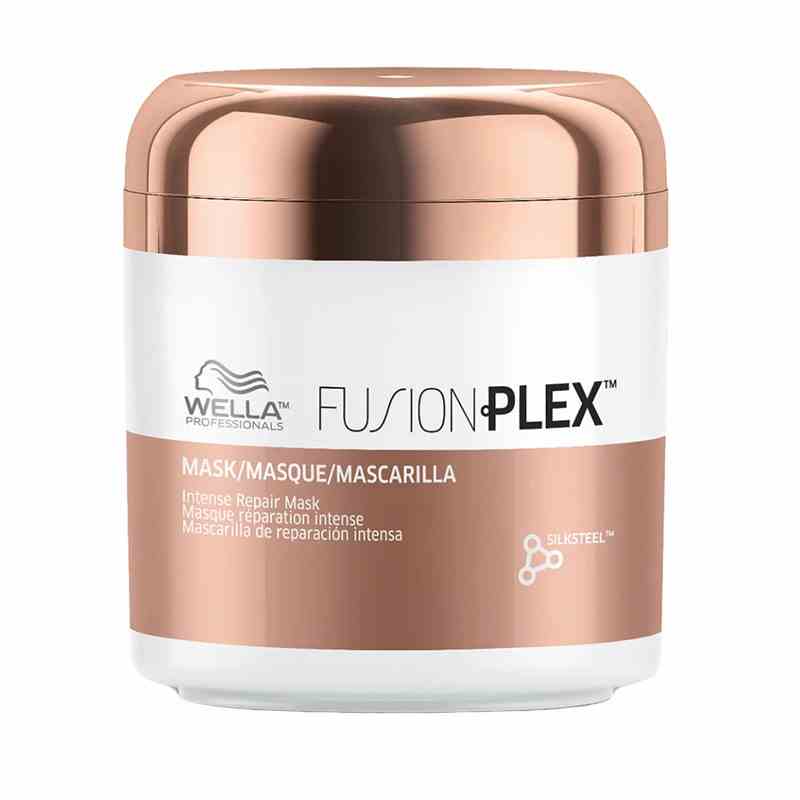 A copper and white jar of the Wella Professionals FusionPlex Intense Repair Mask on a white background