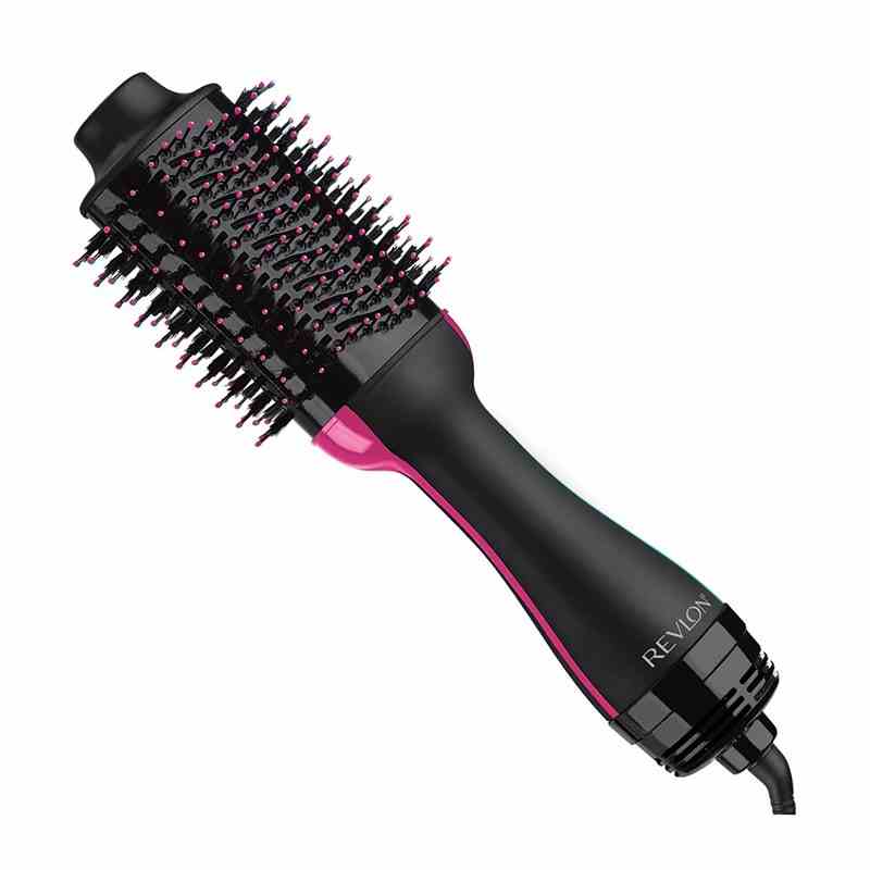 The black and pink Revlon One-Step Volumizer Hair Dryer and Hot Air Brush on a white background