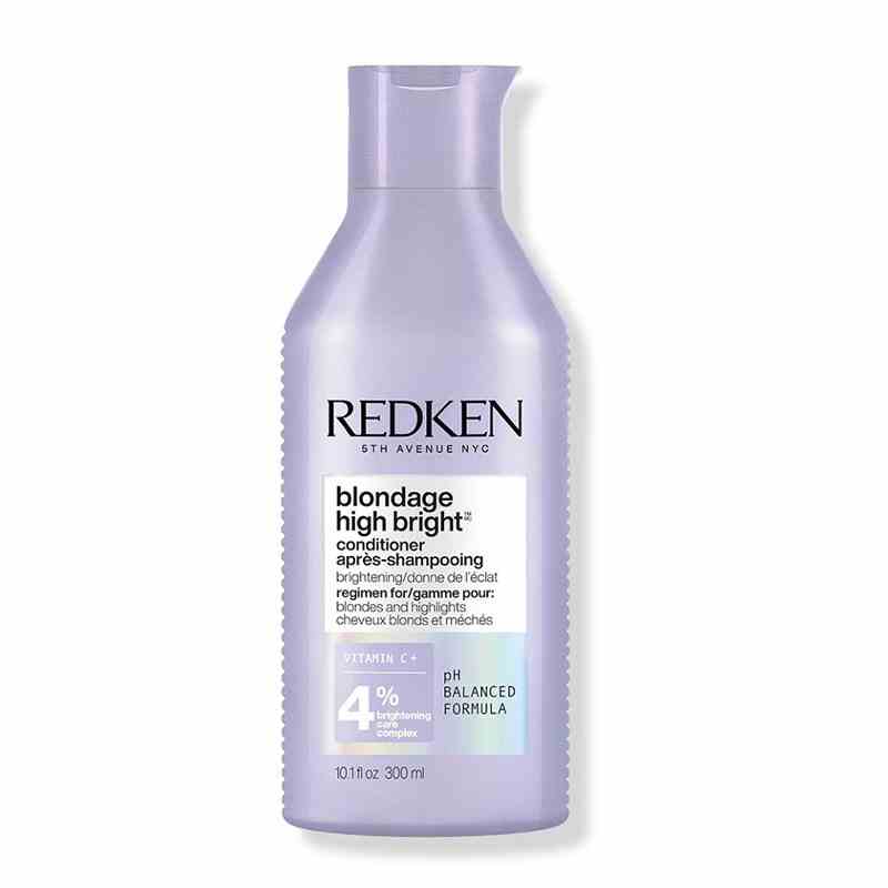 A lavender bottle of the Redken Blondage High Bright Conditioner on a white background